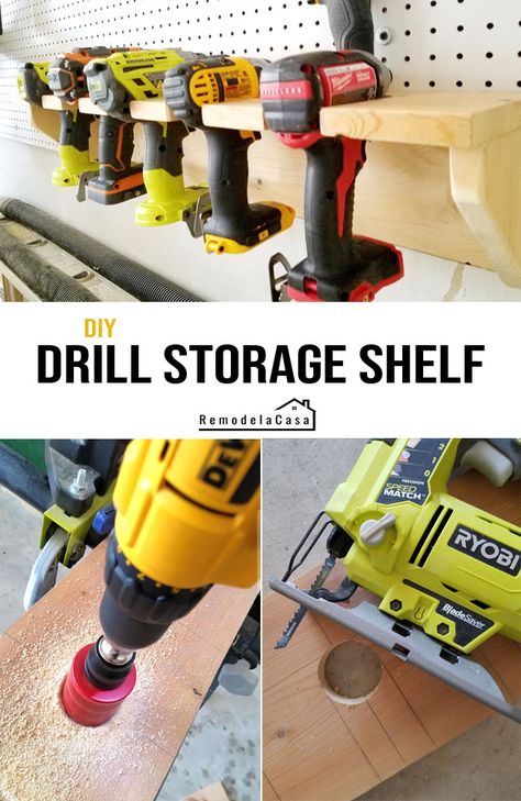 Wood Drill Holder, Drill Organizer, Shelf Hallway, Ladder Shelf Diy, Organize Tools, Drill Storage, Diy Bar Stools, Easy Shelves, Ladder Shelves