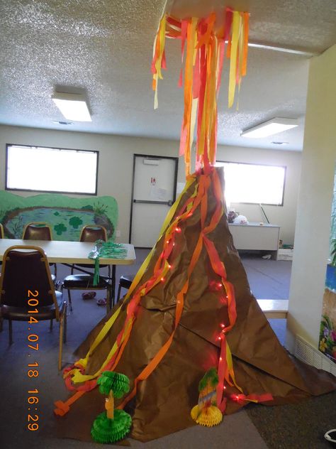 Volcano Vbs Decorations, Large Volcano Prop, Volcano Room Transformation, Moana Hallway Decorations, Volcano Party Decoration, Volcano Decoration Party Ideas, Dinosaur Vacation Bible School, Diy Volcano Decoration, Lava Lava Luau Vbs Decorations