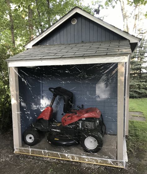 Lean To Shed For Riding Mower, Diy Lawn Mower Shed, Riding Lawn Mower Storage Sheds, Diy Lawnmower Shed, Riding Lawn Mower Shed, How To Make A Shed Look Nice, Riding Mower Shed, Riding Lawnmower Storage Ideas, Diy Lawn Mower Storage