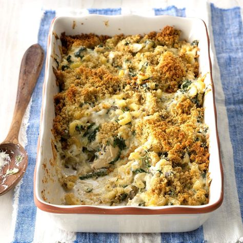 Creamy and comforting, this chicken and spinach bake is sure to be a hit at dinnertime. The toasty bread crumb topping delivers a bit of a crunch. —Dori Jackson, Gulf Breeze, Florida Creamy Chicken Florentine, Florentine Pasta, Chicken Florentine Pasta, Chicken Florentine Casserole, Spinach Bake, Chicken Florentine, Leftover Chicken Recipes, Cheesy Casserole, Seasoned Bread Crumbs