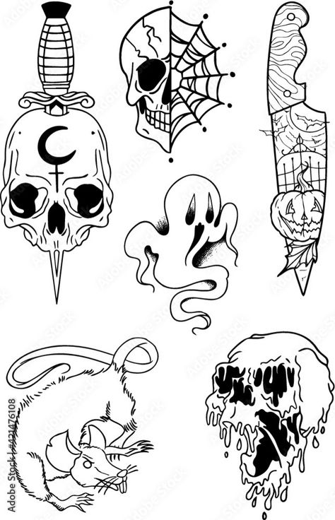 Horror Flash Tattoo, Horror Flash, Halloween Tattoo Flash, Night Tattoo, Printable Tattoos, Tattoo Background, Flash Tattoo Designs, Flash Sheet, Tattoo Flash Sheet