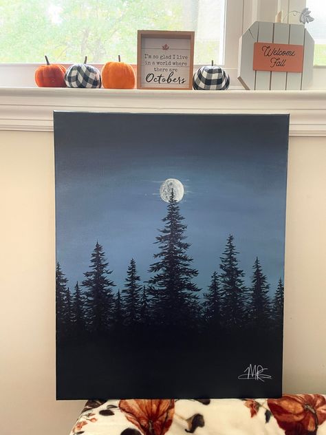 Tree Silloutes Painting, Simple Woods Painting, Night Forest Painting Acrylic, Pine Tree Silhouette Painting, Trees Painting Ideas, Night Sky With Trees Painting, Acrylic Painting Pine Trees, Night Forest Painting Easy, Painting Ideas Silhouette