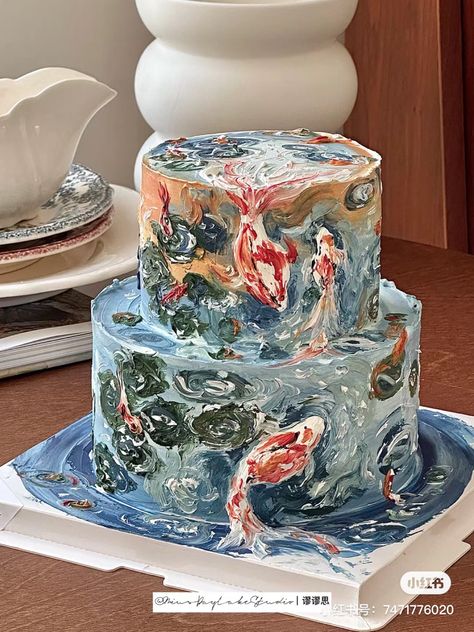 Asthetic Cakes, Koi Fish Cake, Koi Cake, Fish Wedding Cake, Cakes Aesthetic, Aesthetic Fish, Birthday Cake Decorating Ideas, Vintage Birthday Cakes, Aesthetic Cake