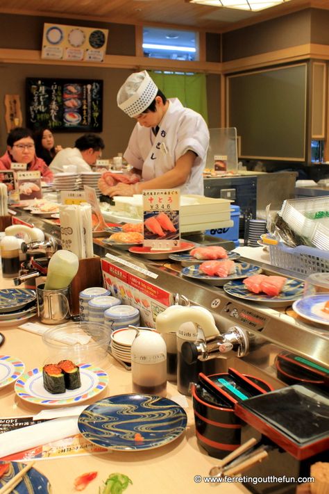 Conveyor belt sushi restaurant in Kyoto, Japan Tokyo Sushi Restaurant, Conveyor Belt Sushi Japan, Japan Sushi Restaurant Aesthetic, Sushi Conveyor Belt Restaurant, Japan Sushi Aesthetic, Conveyer Belt Sushi, Japan Sushi Restaurant, Conveyor Belt Restaurant, Kyoto Restaurants