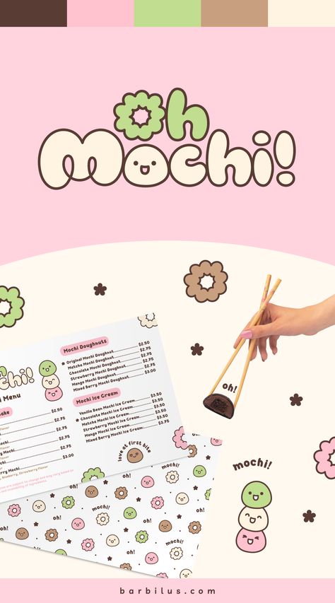 Cute and bold visual identity for mochi brand with catchy and unique style. This branding project includes custom logo suite (main logo, secondary logo, brandmark), mascot design, color palette, brand pattern, business card, menu design, and packaging created for Oh Mochi! We created a kawaii mascot and used soft, delicate colors. The typography is fully hand drawn with its own rice cake mascot. Mochi Brand, Cute Mascot Design, Mascot Design Ideas, Kawaii Mascot, Color Palette Brand, Design Color Palette, Fun Branding, Strawberry Mochi, Logo Suite