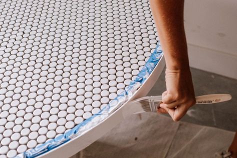 Tile Round Table, Round Tiled Table, Mosaic Tile Table Top Diy, Round Tile Table, Penny Tile Table, Diy Tile Dining Table, Diy Round Table Top, Diy Pedestal Dining Table, Tiled Outdoor Table