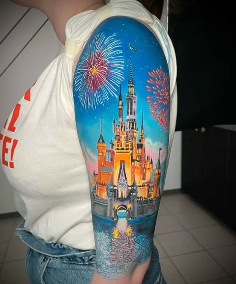 41 Exquisite Disney Castle Tattoo Designs – The Iconic Disney Castle - Psycho Tats Walt Disney Portrait Tattoo, Disneyworld Castle Tattoo, Disney Forearm Tattoo, Disney Leg Tattoo, Cinderella Castle Tattoo, Disney World Tattoo, Castles Tattoo, Disney Tattoos For Men, Fijian Tattoo