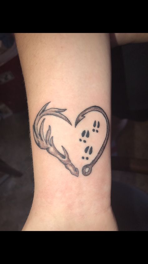 Best Friend Fishing Tattoos, Antler Memorial Tattoo, Matching Hunting Tattoos, Antler Heart Tattoo, Antler And Fish Hook Tattoo, Deer And Fishing Tattoo, Fishing Tattoos For Women Memorial, Deer Memorial Tattoo, Fish Hook And Antler Tattoo Heart