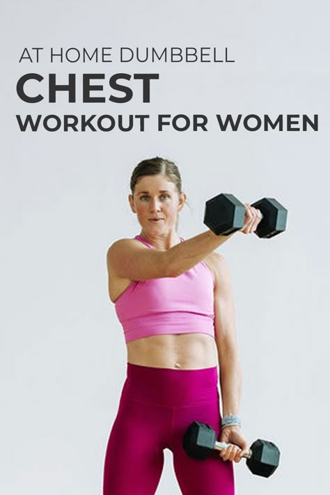 Add these five chest exercises for women to your weekly workout routine! Chest exercises, often skipped by women, are important for supporting good posture and building upper body strength. This 25-minute chest workout at home uses a set of dumbbells to tone the arms and build chest muscles. There's a misconception that since women have breasts they don't need to train the chest muscles or pectoralis muscles. This is NOT true. Chest workouts are just as important for women as they are for men. Chest Back Shoulder Workout For Women, Chest Building Workout Women, Free Weight Chest Workout For Women, Exercises For Pectorals For Women, Best Chest Exercises For Women, Chest Workout Women With Weights, Women’s Chest And Back Workout, Pectoral Workouts For Women, Chest And Bicep Workout At Home