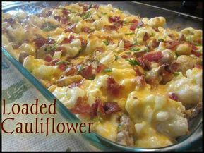 Loaded cauliflower Make it just like a loaded baked potato only you casserole it. Loaded Cauliflower Bake, Carb Sides, Loaded Cauliflower Casserole, Loaded Cauliflower, Cauliflower Casserole, Pan Dinners, Baked Cauliflower, Vegetable Side, Carb Meals