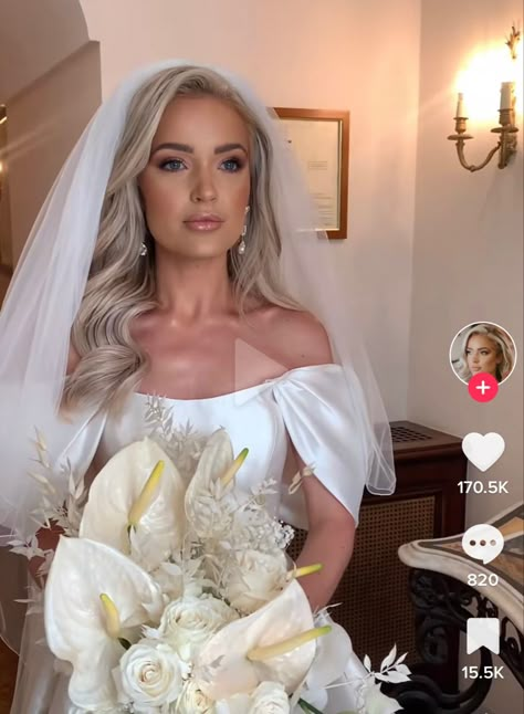 Medium Length Wedding Hair All Down With Veil, Mostly Down Wedding Hair With Veil, Wedding Curls Down With Veil, Updos With One Shoulder Dress, Bride With Veil Hair Down, Wedding Hair Down Big Waves, Hair Out With Veil, Veil Hollywood Waves, Elegant Half Up Half Down Hairstyles With Veil