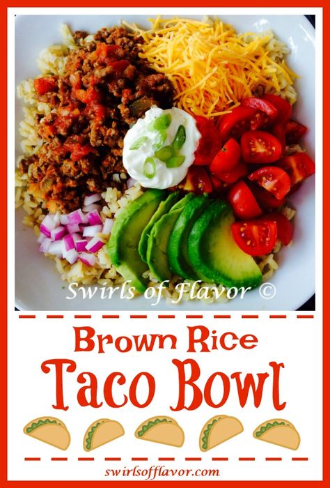 Make a Brown Rice Taco Bowl with seasoned ground beef and salsa, creamy avocado, juicy tomatoes, cheddar cheese and red onion over good-for-you brown rice. All the flavors of a taco in a bowl for your next Taco Tuesday! Make it Whole30 with just three easy substitutions! #tacobowl #groundbeef #brownricetaco #TacoTuesday #whole30 #easyrecipe #swirlsofflavor Rice Taco Bowl, Taco In A Bowl, Brown Rice Cooking, Taco Bowl Recipe, Taco Bowl, Rice Bowls Recipes, Taco Bowls, Food Substitutions, Beef And Rice