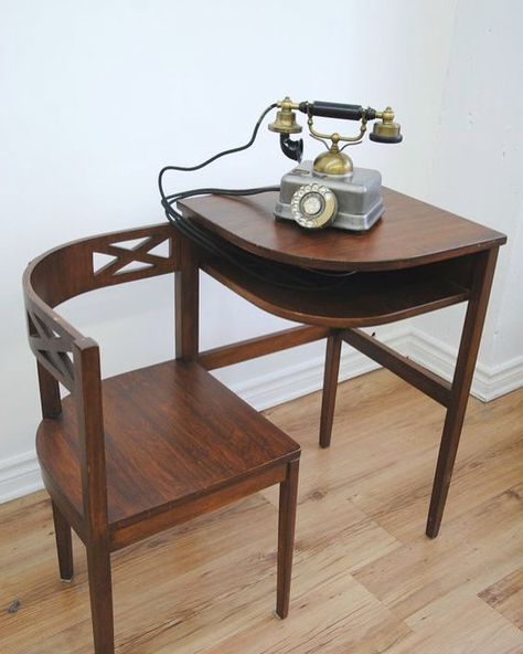 1930s Vintage Phone Table-Chair . . #fabfind #vintage #furniture #antique #1930 #telephone #tablechair #combo #wood #unique #piece #tgif #weekend #art #wishlist #bucketlist #wunderlust #instadesign #want Vintage Telephone Table, Gossip Bench, Phone Table, Antique Telephone, Glass Menagerie, Telephone Table, Vintage Telephone, Table Vintage, Art Deco Furniture