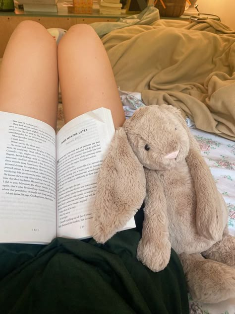 Jellycat Bunny, Reading Aesthetic, Not Mine, Stuffed Animal, Sleep, Reading, Bed, Animals