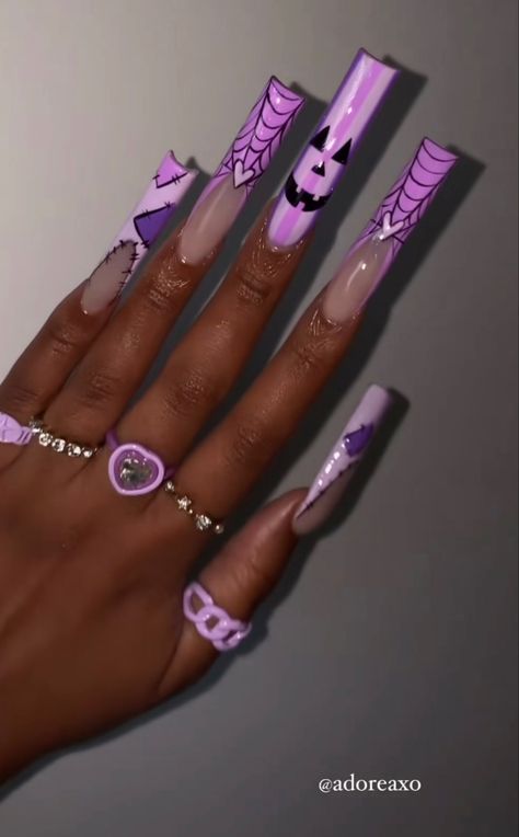 October Nails Long, Long Almond Fall Nails, Halloween Fall Nails Ideas, Purple Spooky Nails, Hello Kitty Nails Long, Hello Kitty Halloween Nails, Purple Halloween Nail Designs, Nail Designs Spooky, Bright Acrylic Nails