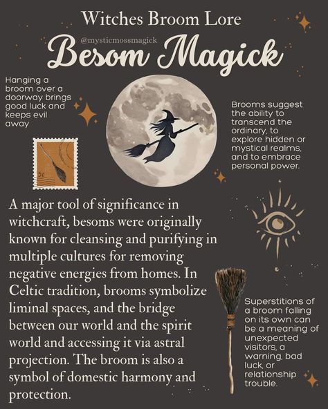 The witches broom has been a long associated symbol of connecting to the divine forces of your spirit, cleansing, purifying and removing negativity. Use bay branches, witch hazel, eucalyptus, cedar or willow trees in your broom and anoint with cinnamon oil or cinnamon powder and sweep from right to left to bring new energies into the home. ✨🌿🍂🌙 . . . #greenwitch #hedgewitch #kitchenwitch #forestwitch #cottagewitch #hearthwitch #magick #mystic #cottagecore #goblincore #witchcore #witch #witchy... Brooms In Witchcraft, Cinnamon Broom Meaning, Witch Besoms, Cinnamon Broom Witchcraft, Make A Witches Broom, Cottage Witchcraft, Witches Besom, Spirit Cleansing, Celtic Witchcraft