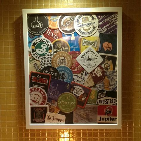 Craft beer mats framed poster for bar / man cave Beer Mats Ideas, Bar Coaster Crafts, Beer Coaster Display, Beer Mat Display, Bar Coaster Ideas, Beer Coaster Art, Moving Organization, Coasters Ideas, Beer Logos