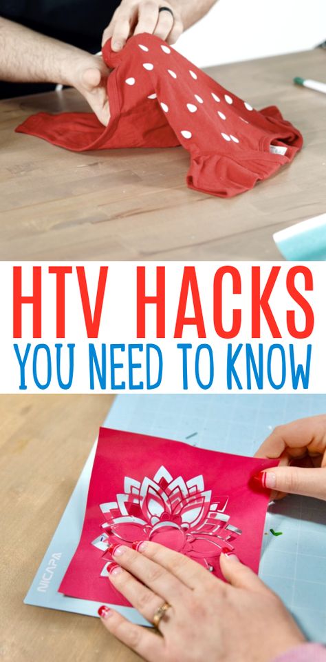 If you love working with heat transfer vinyl, you’re going to love this post about HTV Hacks You Need to Know. We’re going to teach every single iron-on vinyl hack that we know here! Whether you are a Cricut beginner or a seasoned pro, you might just learn some really helpful tips and tricks today. Htv Tips And Tricks, Cricut Htv Projects, Iron On Vinyl Cricut, Cricut Tips And Tricks, Layering Hacks, Heat Transfer Vinyl Tutorial, Cricut Heat Transfer Vinyl, Heat Transfer Vinyl Projects, Cricut Htv