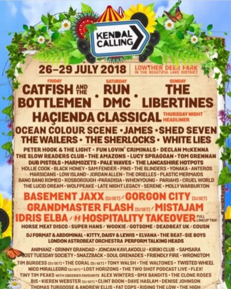 Kendal Calling 2018 line up Kendal Calling, Cochella Design Poster, Ocean Colour Scene, Uk Festivals, Declan Mckenna, Friday Saturday Sunday, The Wailers, Festival Design, Music Festival