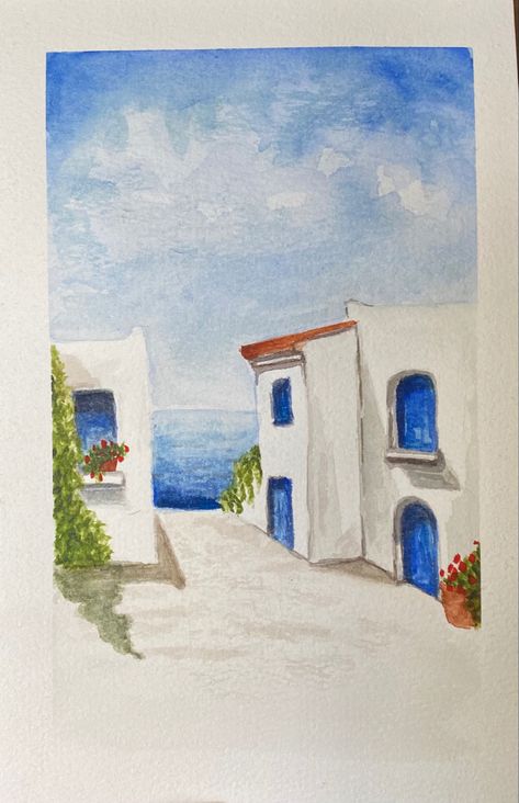 Greece Drawing, Scenery Watercolor, Beach Drawing, Greek Blue, Watercolor Art Lessons, Pen And Watercolor, Easy Watercolor, Watercolor Inspiration, Architecture Drawing