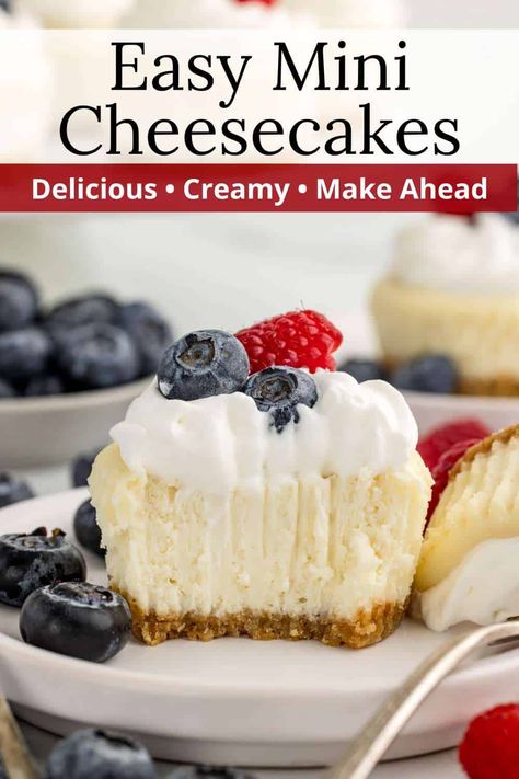 The best mini cheesecakes recipe starts with a buttery graham cracker crust and a rich, creamy filling with just the right tang. Baked in a muffin tin, they’re way easier (and way less work) than a full-size cheesecake! This recipe makes 12 perfect little bites, great for everything from casual hangouts to fancy parties. Cheesecake Muffin, Mini Cheesecakes Recipe, Lemon Desserts Easy, Mini Cheesecakes Easy, Individual Cheesecakes, Strawberry Cheesecake Bars, Lemon Cheesecake Bars, Cheesecake Muffins, Mini Cheesecake Recipes