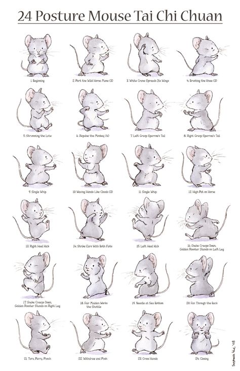 24 Posture Mouse Tai Chi Chuan by Quezzie Maus Illustration, Mouse Illustration, Mouse Drawing, Tai Chi Chuan, Poses References, Wing Chun, Cute Mouse, Morning Yoga, Art And Illustration