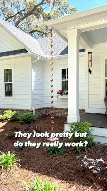 Water Chain Gutter, Downspout Alternatives, Rain Chains Gutter Downspout Ideas, Rain Chain Ideas, Rain Gutter Chains, Gutter Chains, House Gutters, Rain Catcher, Rock Bed