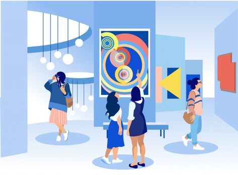 Exhibition visitors viewing paintings in gallery. Premium Vector Abstract Art Gallery, Its A Girl Balloons, Creative Artwork, Painting Gallery, Modern Abstract Painting, Contemporary Art Gallery, Illustrations And Posters, Displaying Collections, Abstract Paintings