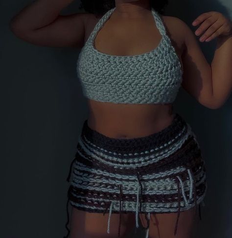 Crochet Top And Skirt Outfit, Scrap Yarn Crochet Clothes, Black Crochet Outfit, Black Crochet Top Outfit, Chrocet Skirt, Crochet Skirt Aesthetic, Lace Up Crochet Skirt, Crochet Skirt￼, Crochet Skirt And Top