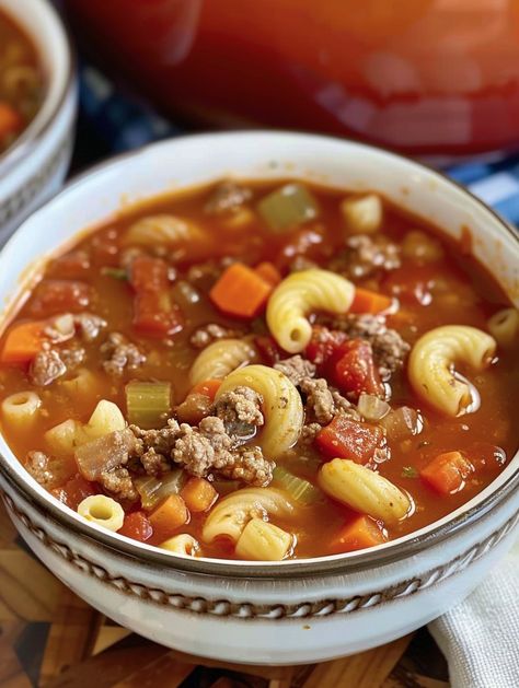 Beef and Macaroni Soup Beef And Macaroni Soup, Hamburger Macaroni Soup, Macaroni Soup Recipes, Spaghetti Soup, Pasta Soup Recipes, Beef Macaroni, Crockpot Chicken And Noodles, Macaroni Soup, Turkey Soup Recipe