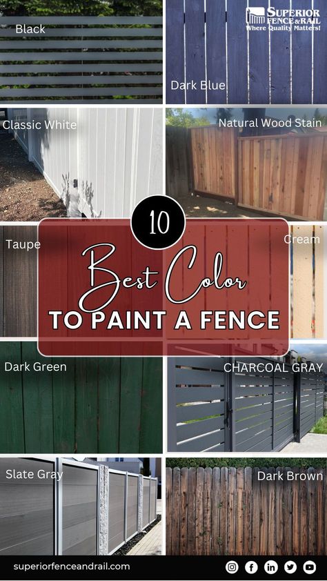 Express your style with our guide to the '10 Best Colors to Paint a Fence.' From classic neutrals to vibrant hues, discover the perfect palette to enhance your outdoor space. Elevate your curb appeal and redefine your boundaries with these stunning colors. Explore our recommendations for a fence that stands out with flair! Yellow Fence Paint, Fencing Colour Ideas, Painted Outdoor Fence, Grey House Fence Color, Two Tone Fence Ideas, Painted Wood Fence Colors, Stained Fence Colors, Grey Stained Fence, Backyard Fence Colors Ideas