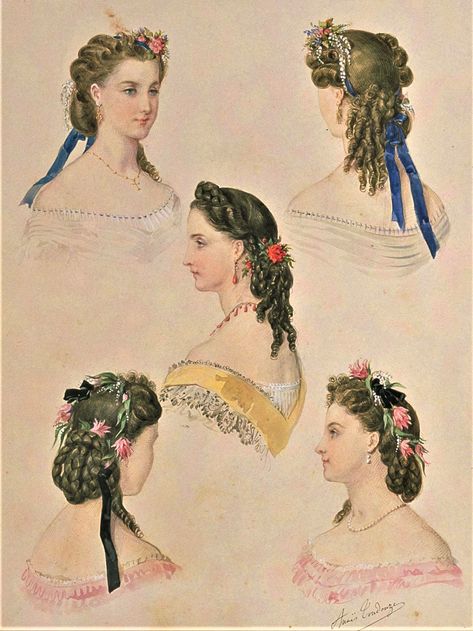 Fashion Plate - La Mode Illustree - 1865 Early Victorian Hairstyles, 1865 Fashion Plate, 1860s Womens Fashion, 1860s Fashion Plates, 1865 Hairstyles, 1860 Hairstyles, Xix Century Fashion, 1860s Hairstyles, 1865 Fashion