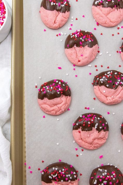 Strawberry Chocolate Dipped, Chocolate Strawberry Cookies, Valentines Recipes, Strawberry Cake Mix Cookies, Strawberry Cookie, Valentines Recipes Desserts, Drop Cookie Recipes, Strawberry Treats, Valentines Cookies