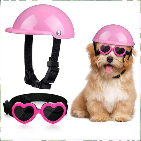 Xuniea 2 Pieces Small Dog Helmet and Goggles Puppy Sunglasses UV Protection PET Helmet with Adjustable Belt Dog Motorcycle Ha Dog Motorcycle, Dog Helmet, Dog Glasses, Dog Goggles, Dog Sunglasses, Dog With Glasses, New Helmet, Head Protection, Sunglasses Uv Protection