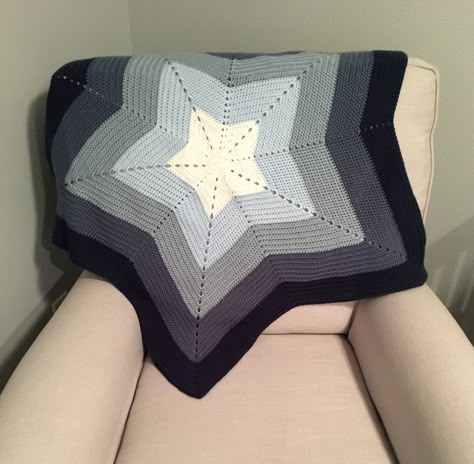 Handmade crocheted star baby blanket. Perfect for keeping baby nice and cozy and warm. Made with a soft, 100% acrylic yarn, that's soft on baby's skin. Great for a baby shower gift or your own bundle of joy! It will be a keepsake that your baby can have for years to come. Colors include dark, medium, light and baby blue and white.  Care Instructions: Machine wash and dry Blanket measurements: Width (Point to Point)- 46" Width (Narrowest)- 26" PLEASE NOTE: My shipping fees are an estimate. After Light Blue Crochet Blanket, Weather Crochet Blanket, How To Crochet A Baby Blanket, How To Crochet A Star, Blue Crochet Blanket, Crocheted Star, Crochet Star Blanket, Ombre Crochet, Star Baby Blanket