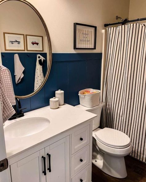 16 Boys Bathroom Ideas That They’ll Love Growing Up With Navy Shiplap Bathroom, Navy Kids Bathroom, Shower Curtain Boys Bathroom, Teen Boy Bathroom Target, Teen Boys Bathroom Ideas, Little Boy Bathroom Target, Boys Bathroom Ideas Teenagers, Modern Kids Bathroom Ideas, Boys Bathroom Ideas