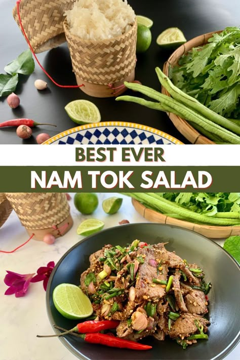 Thai nam tok neua salad with sticky rice and fresh vegetables. Myanmar Food Recipe, Lao Food Recipes, Thai Beef Salad Recipe, Crunchy Asian Salad, Myanmar Food, Easy Thai Recipes, Asian Salads, Healthy Thai Recipes, Salad Garden