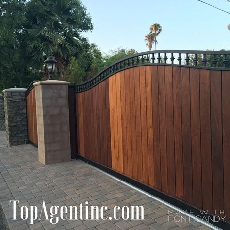 Wood and Iron Rolling Gate Wood And Iron Gate, Wood Gate Diy, Iron Fence Gate, House Gate, Small House Design Exterior, Wood Gate, House Gate Design, Iron Fence, Iron Gates