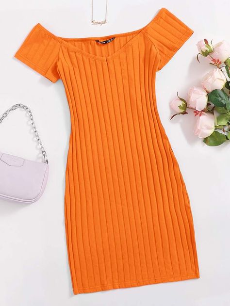 Off Shoulder Bodycon Dress, Ribbed Knit Bodycon Dress, Homemade Beauty Tips, Bodycon Dress With Sleeves, Neon Orange, Women Dresses, Dress P, Pretty Outfits, Cute Dresses