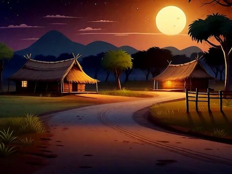 Indian village creepy night vector scene cartoon background Cartoon Village Background, Village Background Indian, Village Vector, Cartoon Village, Scene Cartoon, Pop Design Photo, Village Background, Village Drawing, Village Park