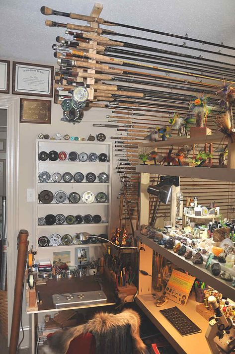 Fly Tying Room Ideas, Fly Rod Storage, Fishing Tackle Room, Vintage Fishing Rod Display, Ceiling Fishing Rod Holder, Vertical Fishing Rod And Tackle Box Storage, Welded Fishing Rod Holder, Fly Fishing Rod On Wall, Fishing Pole Storage