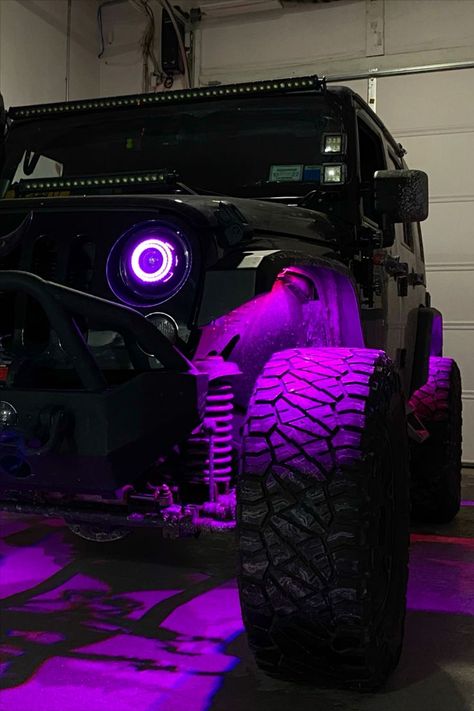 Jeep Wrangler Led Lights, All Black Jeep, Purple Jeep Wrangler, Jeep Led Lights, Jeep Wrangler Lights, Jeep Wrangler Interior, Black Jeep Wrangler, Purple Jeep, Purple Led Lights