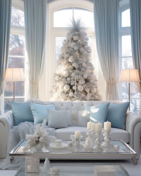 Snow Room Decor, Winter Wonderland Living Room Decor, Ice Blue Christmas Decor, Winter Wonderland Living Room, Trees With Flowers, Silver Decorations, Blue Gray Bedroom, Wonderland Decor, Winter Living Room