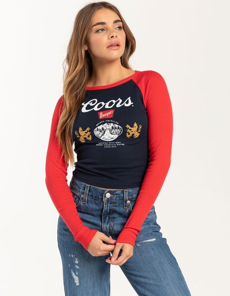 Brew City Coors Long Sleeve Raglan Baby Tee. Large Graphic Screened On Front. Contrasting Long Sleeves And Neckline. 50% Cotton, 50% Polyester. Machine Wash. Imported. Model Is Wearing A Size Small Model Measurements:height: 5'7" Bust: 32"waist: 25"hips: 34" Long Sleeve Shirt Pattern, Long Sleeve Shirt Outfits, Dream Items, Curvy Women Outfits, Long Sleeve Tee Shirts, Women Outfits, Graphic Long Sleeve, Shirt Pattern, Baby Tee