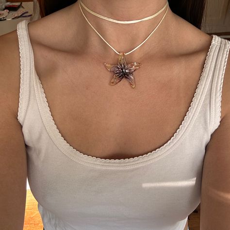 Glass starfish necklace by @katelynharuko on depop #starfish #glass #pendant Murano Necklace, Beach Star Charm Necklace, Starfish Aesthetic, 90s Pendant Necklace, Starfish Pendant Necklace, Star Fish Necklace, Murano Necklace Glass Jewelry, Summer Starfish Charm Star Necklace, Glass Star Necklace