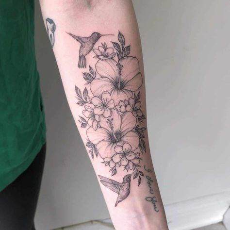 Hummingbird Tattoo Black, Hummingbird Tattoo Meaning, Hummingbird Flower Tattoos, Grandma Tattoo, Small Hummingbird Tattoo, Hibiscus Tattoo, Forearm Tattoo Women, Flower Tattoo Sleeve, Hummingbird Tattoo