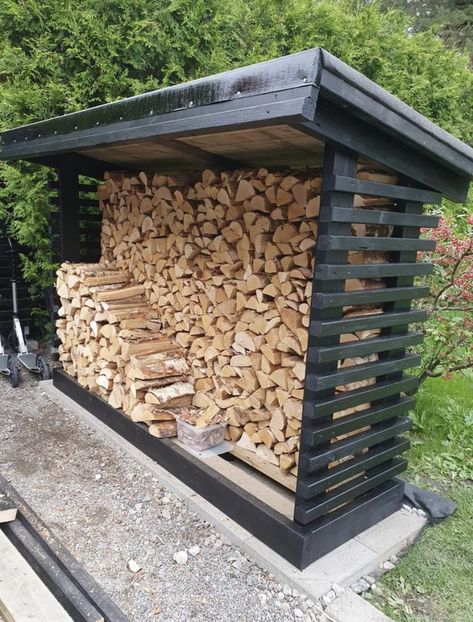 Firewood Storage Outdoor, Outdoor Firewood Rack, Firewood Shed, Backyard Fireplace, Cabinets White, Firewood Storage, Shed Plan, White Appliances, Dark Cabinets