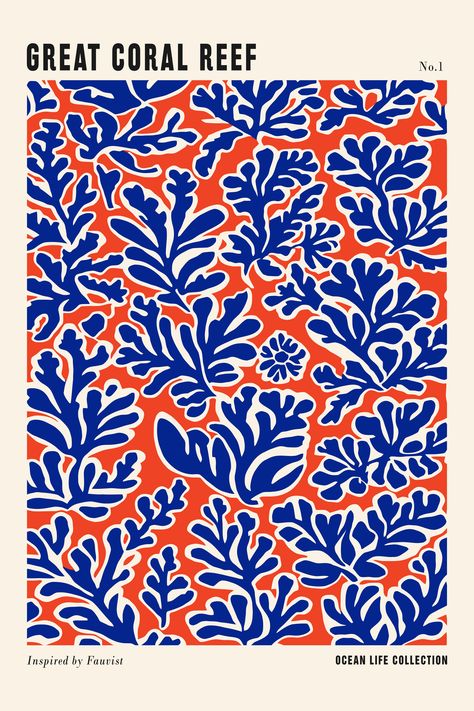 Coral Reef Graphic Design, Great Coral Reef, Wall Art Ocean, Linocut Art, Art Ocean, Blue Poster, Retro Blue, Nautical Art, Maximalism