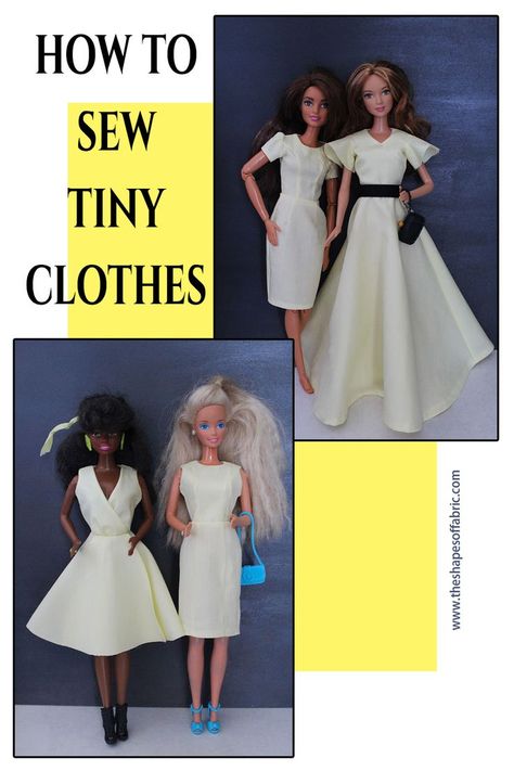 In this tutorial you'll find tips on how to sew at a tiny scale to create dresses for your Barbie doll. Nynnieme Patterns, Pattern For Barbie Doll Clothes, Sewing For Barbie Dolls, Barbie Outfit Patterns, How To Sew Barbie Clothes, Barbie Clothes Sewing Patterns, Sewing Barbie Clothes Pattern, Diy Barbie Doll Clothes, How To Make Barbie Clothes