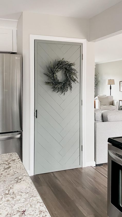 Herringbone Door Makeover, Small Pantry Door Ideas Diy, Redo Pantry Door, Easy Diy Door Makeover, Diy Door Makeover Ideas, Modern Pantry Door The Home Depot, Pantry Door Update, Upgrade Pantry Door, Door Transformation Diy